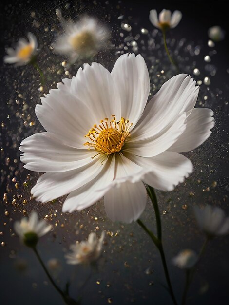 A celestial bloom the white cosmos shimmers with silver and gold specks