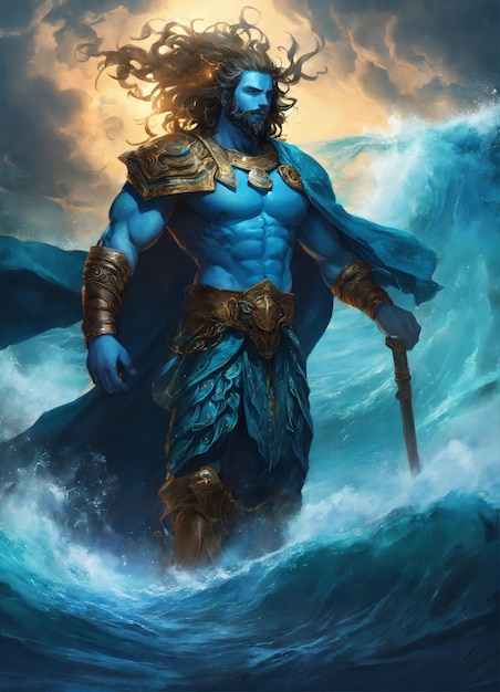 Foto un celeste dio dalla pelle blu dei mari tempeste ed esplorazione che emana potenza dei mari indossando