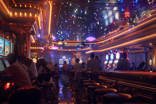 Celestial casino with patrons from different corne