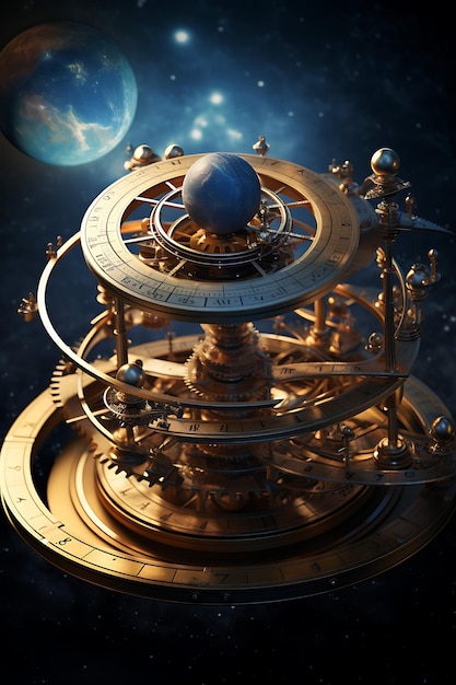 A celestial clock with planets as moving gears realistic photo