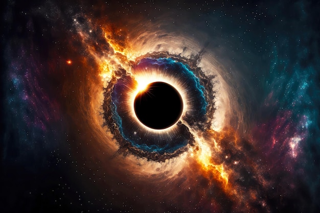 Photo celestial cosmic explosion and representation of black hole singularity against background of planet