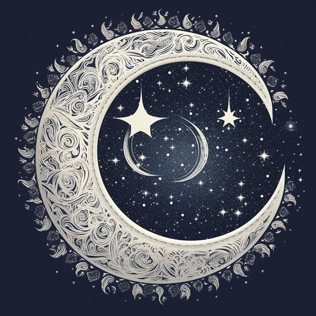 天の半月は星と巻きを暗い青色の背景で生成します - アイ