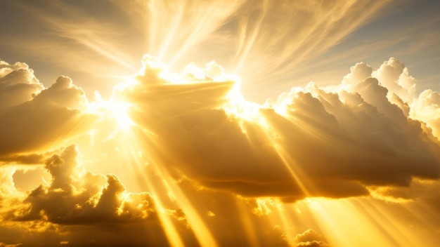 celestial display of white and golden clouds with sunbeams breaking through creative ai generated