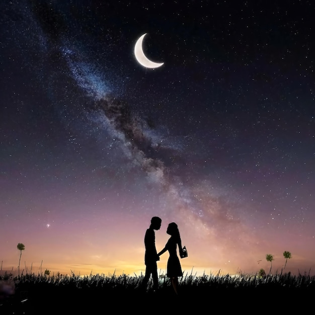 A Celestial Embrace Under the Crescent Moon and Starlit Sky