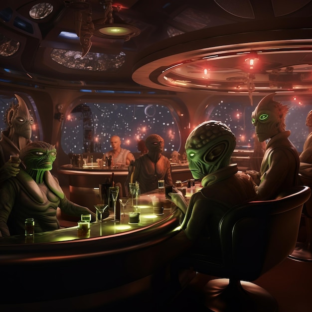 A Celestial Encounter A Lounge Bar Amidst Aliens Conversations and Cosmic Revelry A Hyperrealis