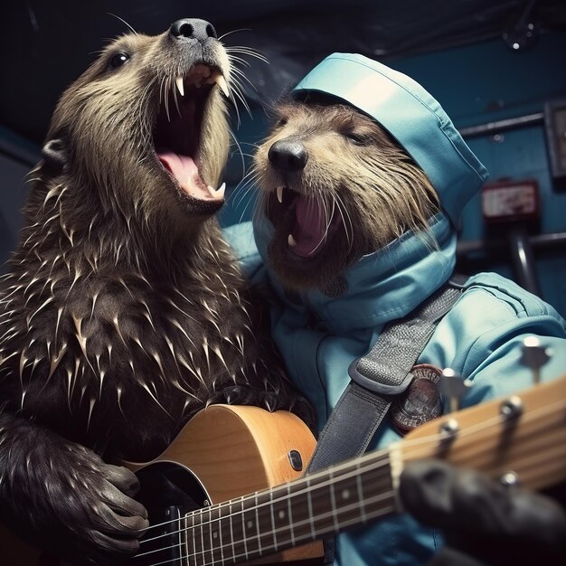 Photo a celestial encounter when rock stars embrace otters and sing the ballad of the blue monster