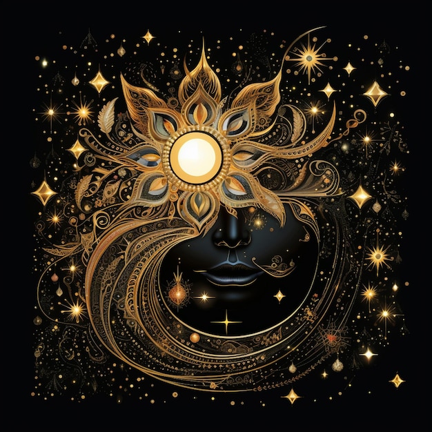 Photo celestial face with golden sun and stars in the background generative ai