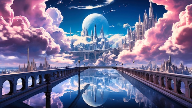 Celestial Fantasy Otherworldly Landscape with Moon Planet and Reflective Alien Architecture