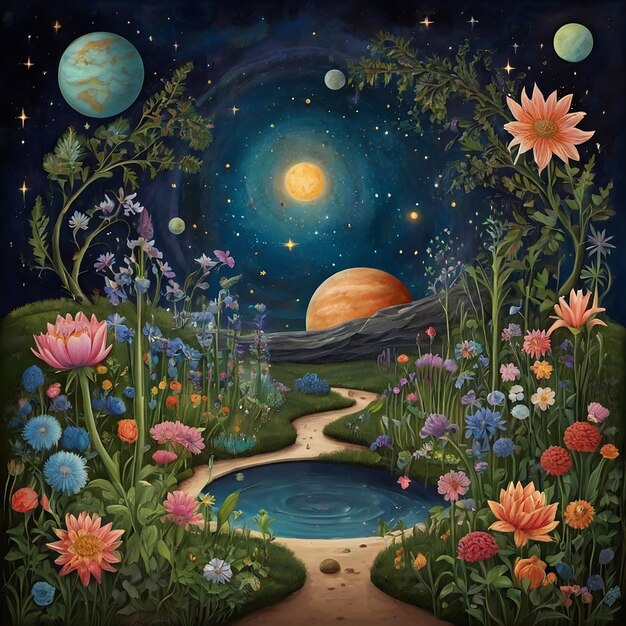 Celestial Garden with Planets and Stars