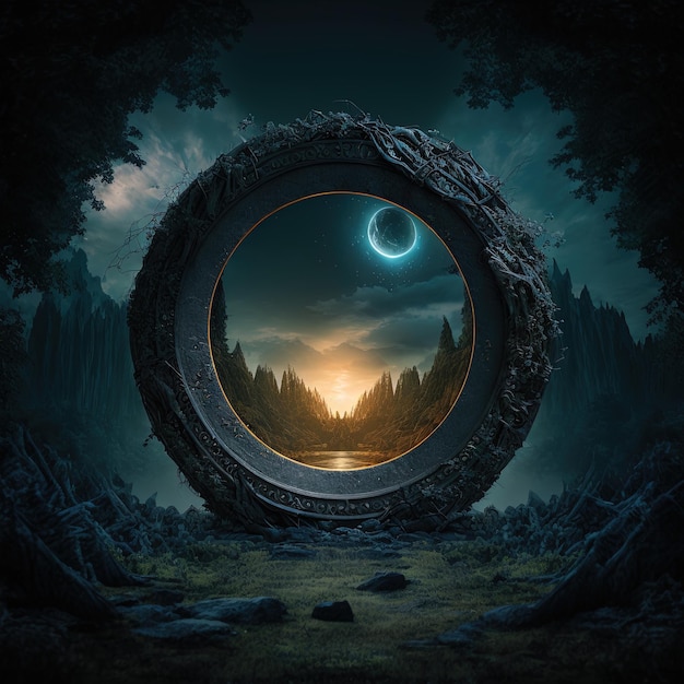 Celestial Gateway Seraphic Stargate Portal in het midden van een donker bos