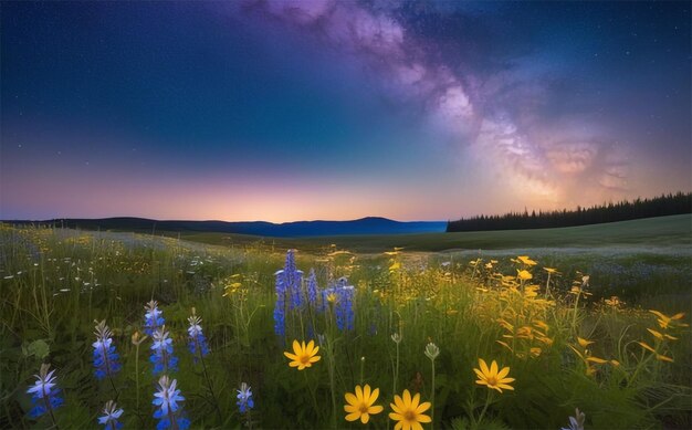 写真 野生 の 花 の 畑 の 上 の 天 の 輝き  魔法 と 超現実 的 な 景色