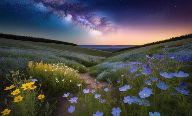 Photo celestial glow over wildflower field a magical and surreal scene