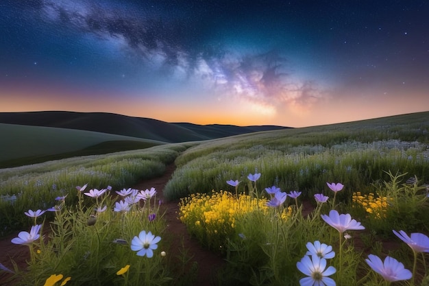 Photo celestial glow over wildflower field a magical and surreal scene