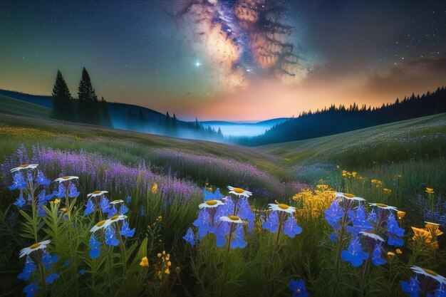 Photo celestial glow over wildflower field a magical and surreal scene