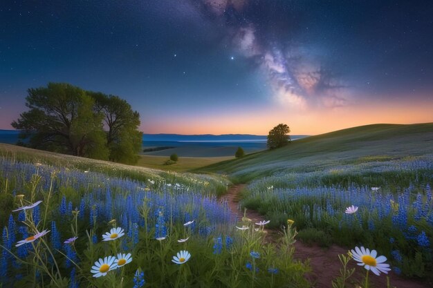 Photo celestial glow over wildflower field a magical and surreal scene