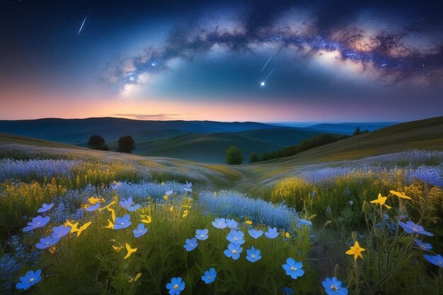 Photo celestial glow over wildflower field a magical and surreal scene