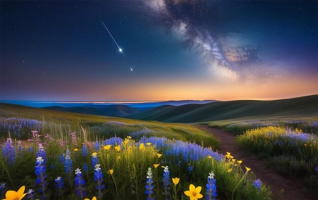 Photo celestial glow over wildflower field a magical and surreal scene