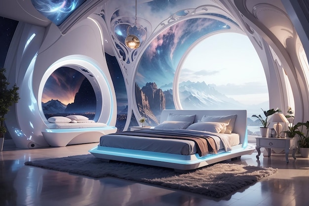 Foto celestial harmony retreat creëer een futuristische slaapkamer met kosmische geluidslandschappen