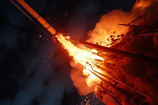 하늘의 점화 로켓 발사 아래에서 포착 된 불꽃