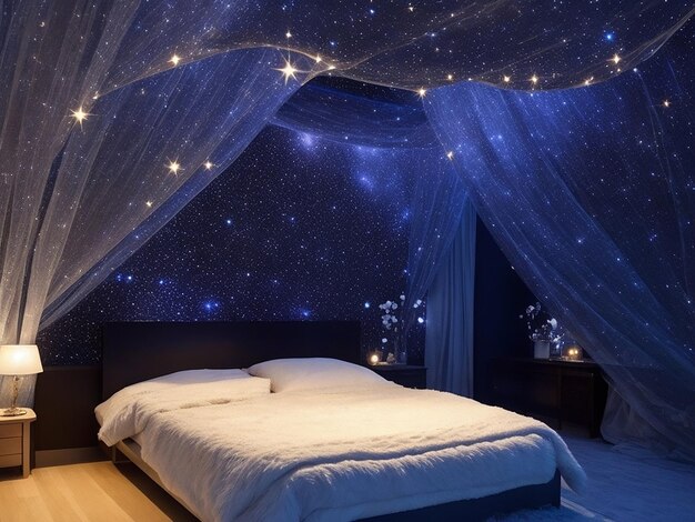 Photo celestial inspired sleeping space beautifully made with generative ai