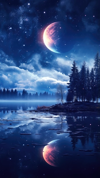 Celestial moonlit reflections on a lake wallpaper for the phone