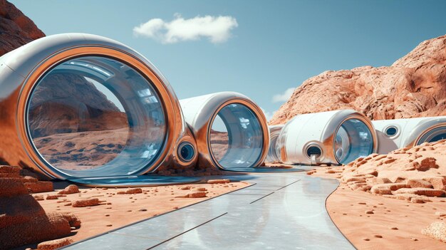 Photo celestial research facility on mars with postmodern whimsy