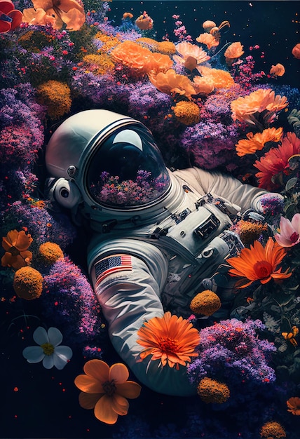 Celestial Serenity Astronaut Lying in Flowers Cinematic Dark Landscape