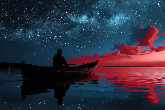 Celestial Serenity An Enchanting Night in a Lone Boat Beneath a StarStudded Sky