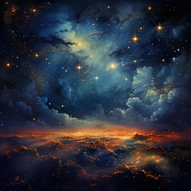 A celestial sky adorned with shimmering stars and glowing