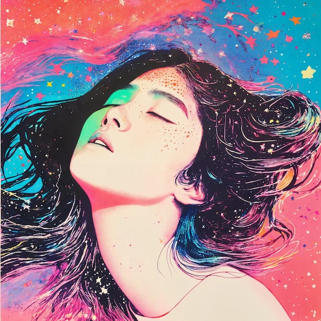 Foto celestial symphony risographie ritratto di una donna con capelli fluenti al neon e sguardo multiverso
