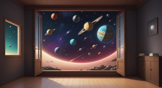 Illustrazione vettoriale vibrante della sinfonia celeste di una scena spaziale con pianeti asteroidi stelle