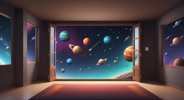 Illustrazione vettoriale vibrante della sinfonia celeste di una scena spaziale con pianeti asteroidi stelle