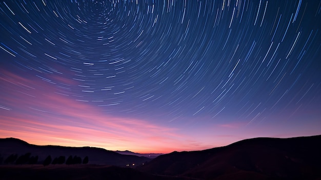 Celestial twilight landscape with hill against space sky