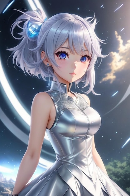 Celestial Whispers An Anime Girl in a Silver Dress