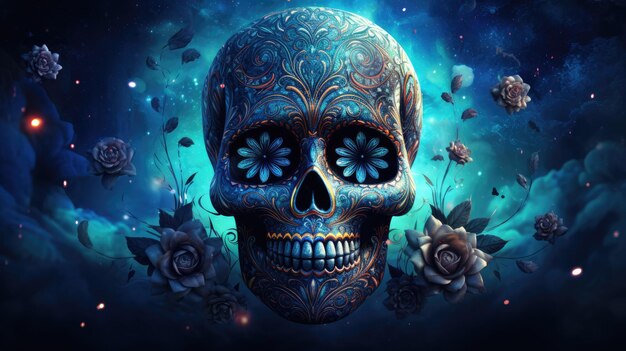 a celestialthemed background with a night sky filled with stars and a large glowing sugar skull