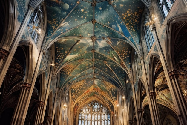 Расписные росписи на небесной тематике на потолке собора, созданные с помощью генеративного искусственного интеллекта