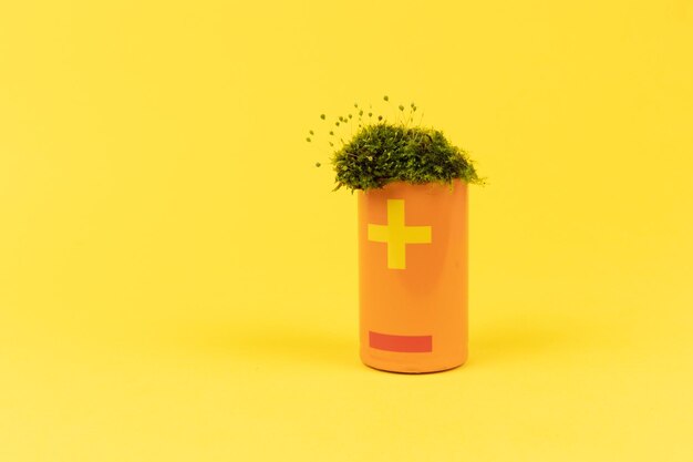 Cell Battery covered in fresh green moss green energy