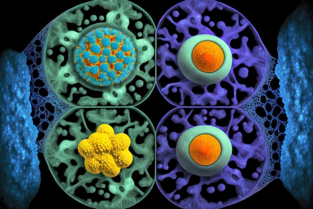 Foto divisione cellulare in quattro nuclei separati riproduzione genetica