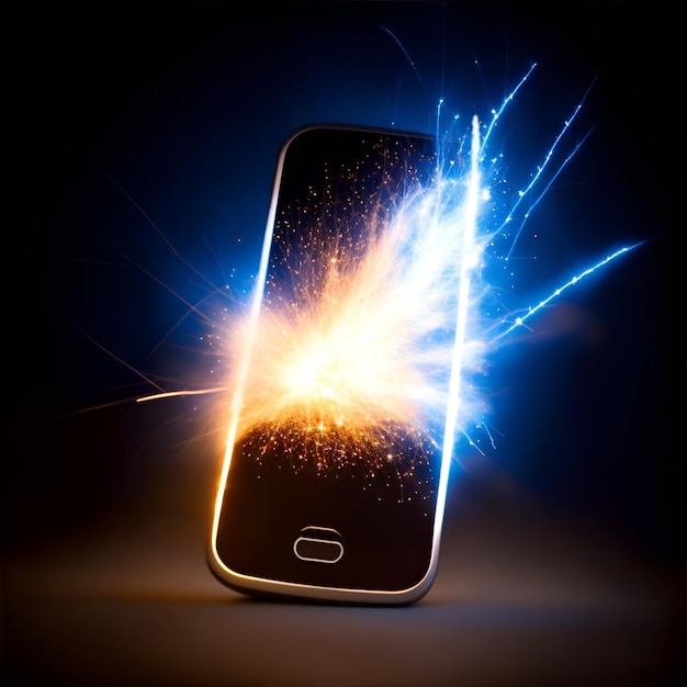 Cell phone on a dark background with light and sparks Modern gadgets Illustration AI generation