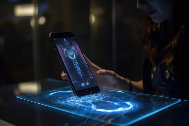 Cell phone of the future transparent invisible mobile Siri Alice hologram artificial intelligence smartphone Ai Metaverse and Blockchain Technology innovative future data network