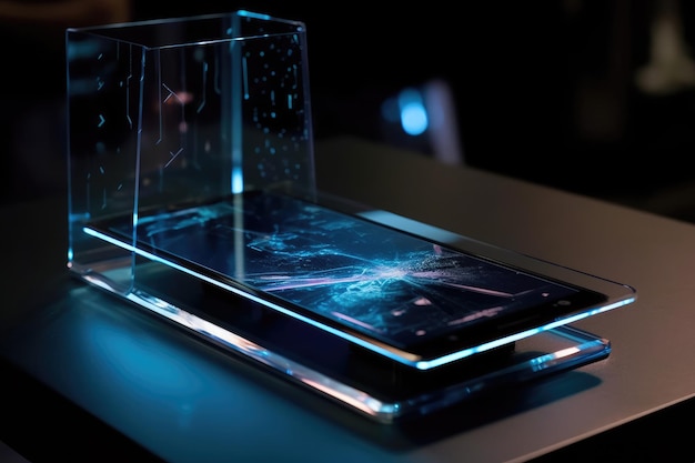 Cell phone of the future transparent invisible mobile Siri Alice hologram artificial intelligence smartphone Ai Metaverse and Blockchain Technology innovative future data network