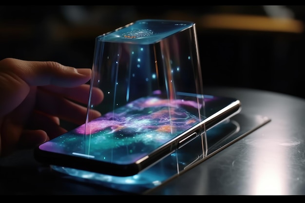 未来の携帯電話 透明で目に見えないモバイル Siri アリス ホログラム 人工知能 スマートフォン Ai メタバースとブロックチェーン技術 革新的な未来のデータネットワーク