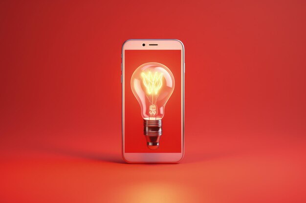 Photo cell phone illustration with light bulb on screen technology and creativity concept generative ai