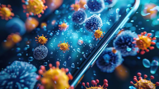 Foto un cellulare è coperto di virus e batteri