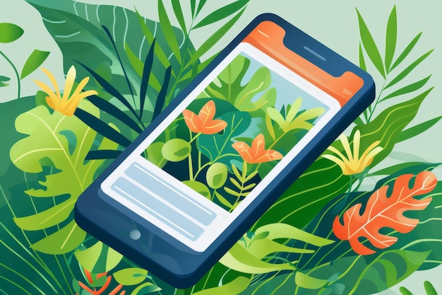 a cell phone lying atop a vibrant green plant in a natural setting a stylized illustration of a smartphone app managing irrigation schedules for different plant species