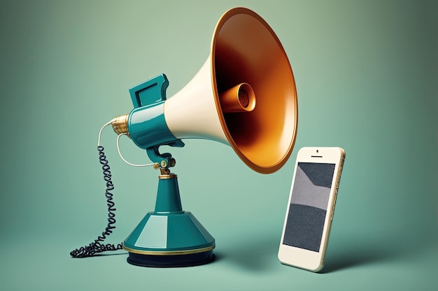 Photo cell phone and megaphone marketing and advertisement concept blue background ai