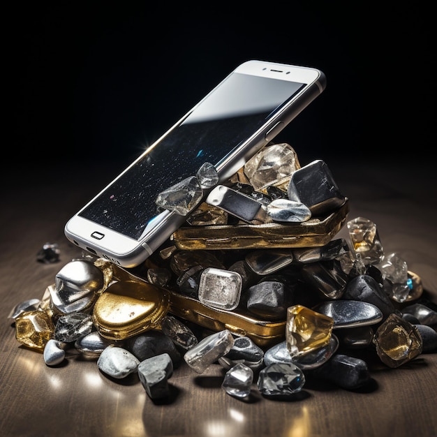 cell phone in a pile of precious metals