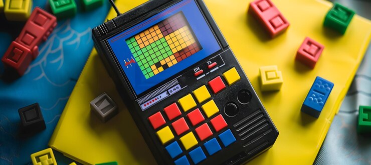 古いTETRISゲームに似たカラフルなブロックの下の携帯電話