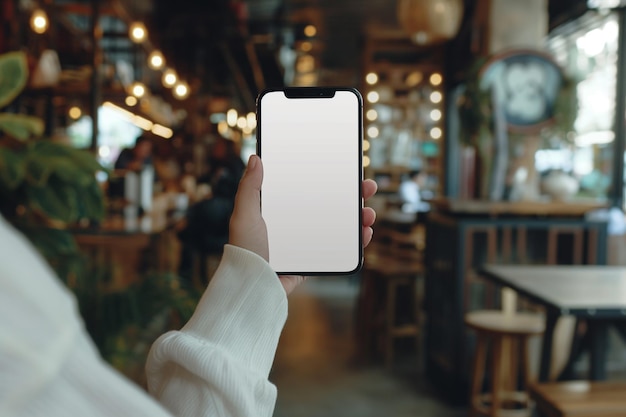 Мокет белого экрана сотового телефона Деловая женщина с рукой, держащей мобильный телефон, пальцем, касающимся пустого места