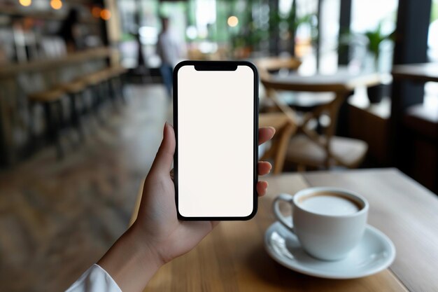 携帯電話のホワイトスクリーンモックアップ ビジネス女性の手が携帯電話を握り 指が空白に触れている